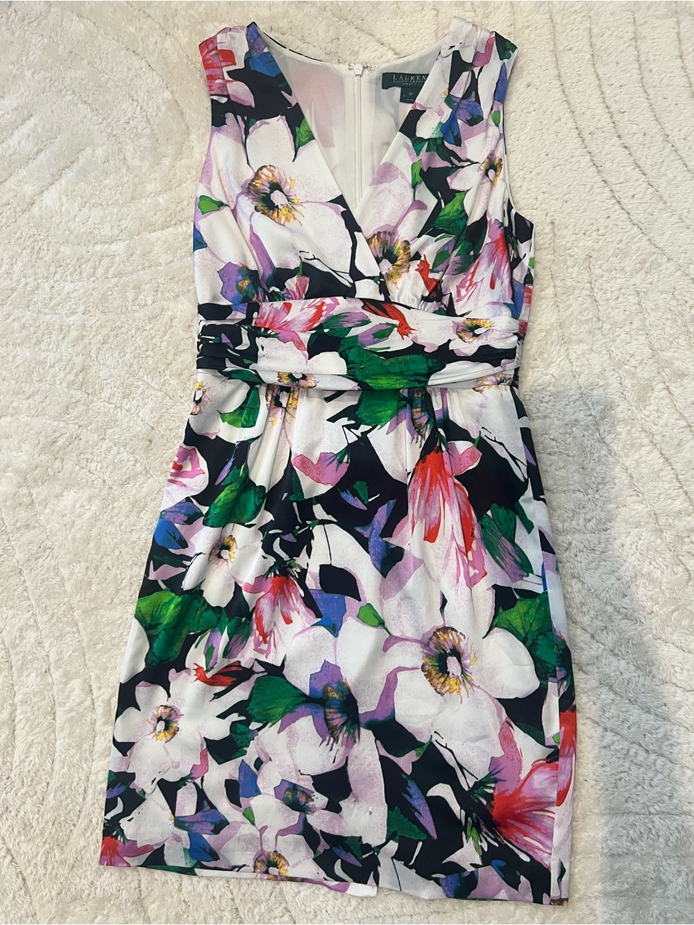 Lauren Ralph Lauren White Floral V-Neck Dress with Green & Pink Accents